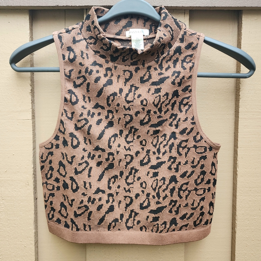 Bozzolo Animal Print Mock Neck Cropped Tank Top Cheetah Leopard Brown Black Y2K